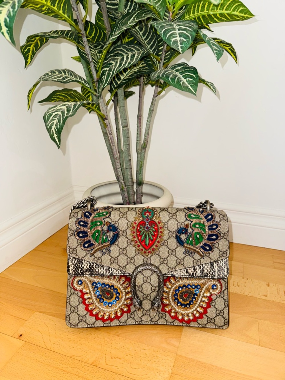 Gucci Beige GG Embroidered Multicolor Shoulder Bag